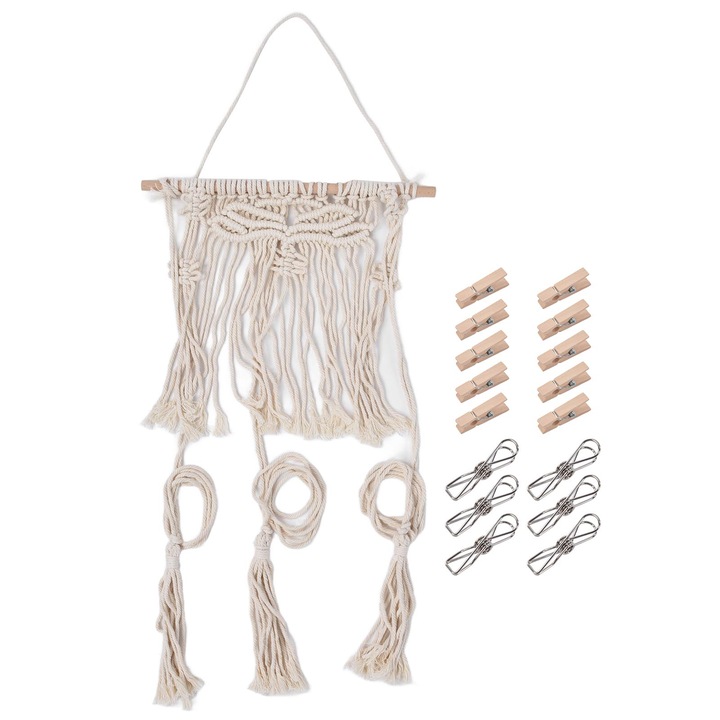 Boho kalapakasztó, Jormftte, pamutkötél kalaptartó, 16 klipsszel, elegáns design, többszínű