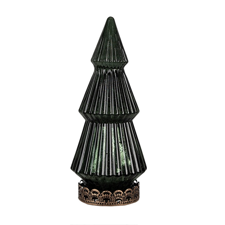 Karácsonyfa zöld üveg fém barna LED-del 13x23 cm