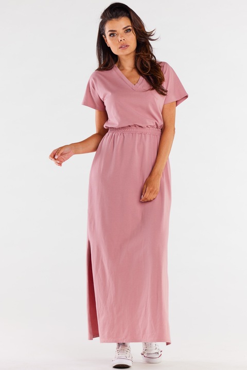 Макси рокля с къси ръкави и еластична вложка на талията