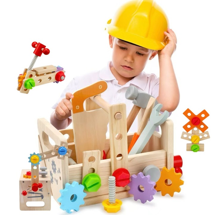Set jucarii interactive copii, cutie unelte din lemn, 6 unelte, multicolor, 3-6 ani
