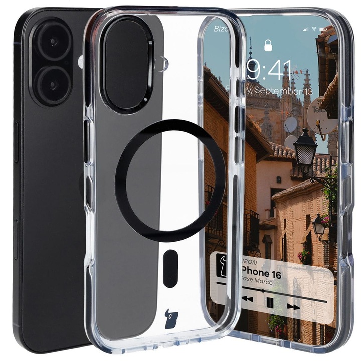 Bizon Case Marco tok mágnesgyűrűvel iPhone 16-hoz, átlátszó, fekete kerettel