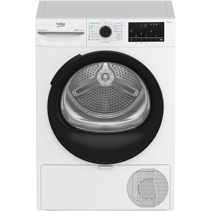 Uscator de rufe Beko BM5T49243W, Pompa de caldura, 9 Kg, 15 programe, Clasa C, Motor ProSmart Inverter, Aquawave, Ready to Wear, Alb