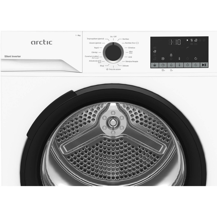 Uscator de rufe Arctic A2T28249W, Pompa de caldura, 8 kg, 15 programe, Clasa A+++, Motor Silent Inverter, Aqua Surf, Alb