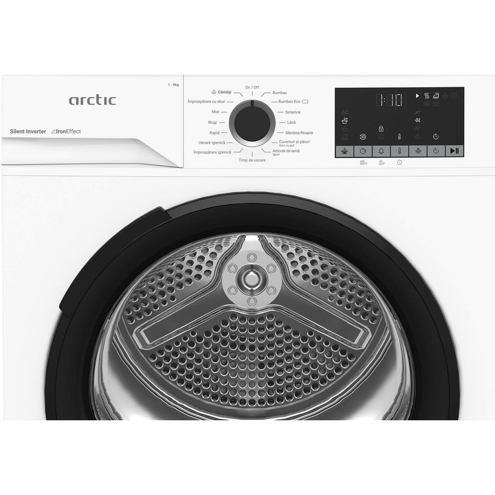 Uscator de rufe Arctic A2T29253W, Pompa de caldura, 9 kg, 15 programe, Clasa C, Motor Silent Inverter, Aqua Surf, Alb