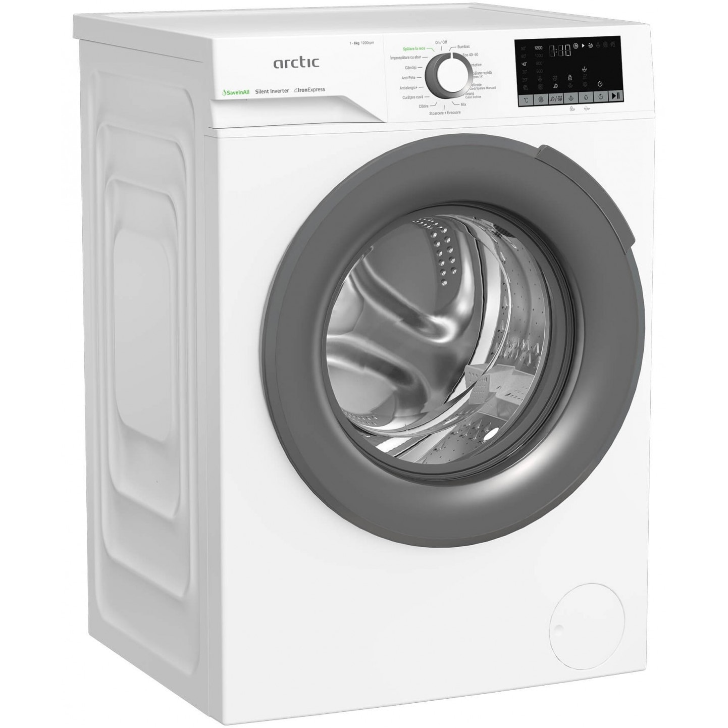 Masina de spalat rufe Arctic APLM2WFSU28211WG, 8 Kg, 1200 RPM, Motor Silent Inverter, Drum Clean+Steam, Child Lock, Anticrease, Digital Display, Add-In, Clasa A, Gray