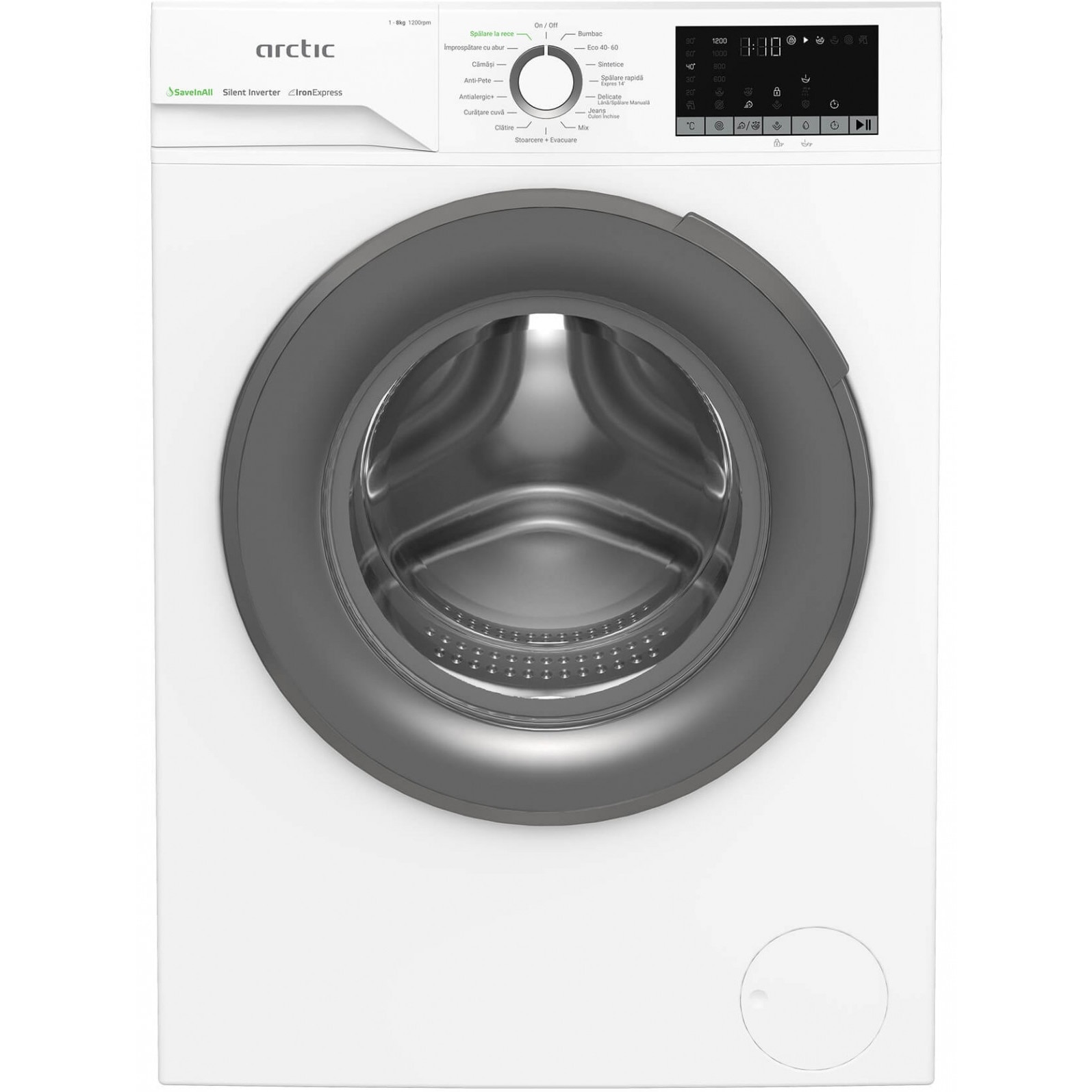 Masina de spalat rufe Arctic APLM2WFSU28211WG, 8 Kg, 1200 RPM, Motor Silent Inverter, Drum Clean+Steam, Child Lock, Anticrease, Digital Display, Add-In, Clasa A, Gray