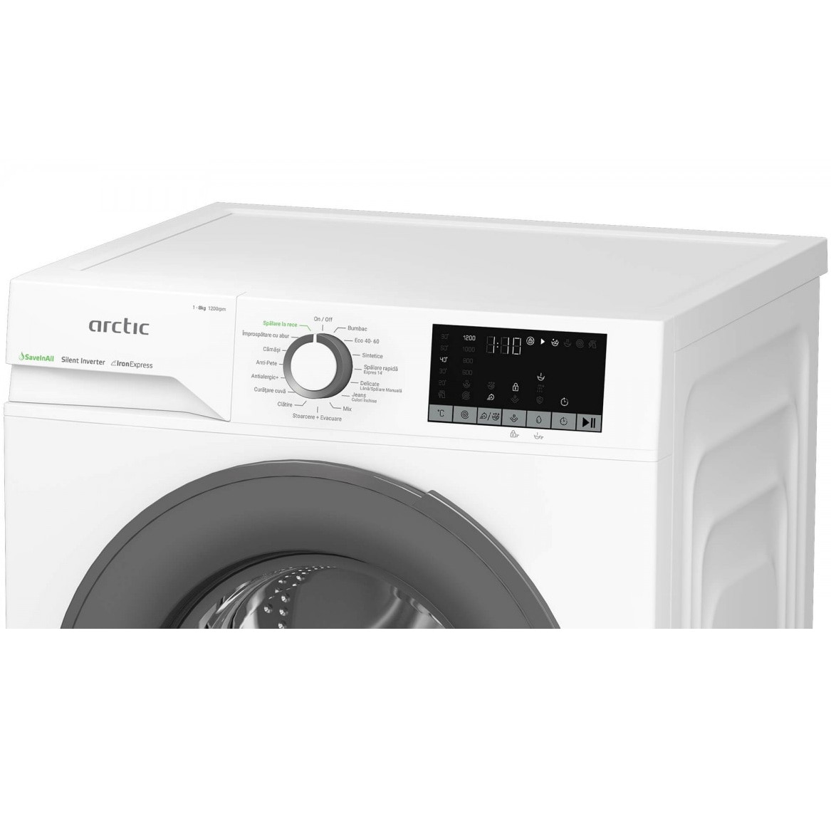 Masina de spalat rufe Arctic APLM2WFSU28211WG, 8 Kg, 1200 RPM, Motor Silent Inverter, Drum Clean+Steam, Child Lock, Anticrease, Digital Display, Add-In, Clasa A, Gray