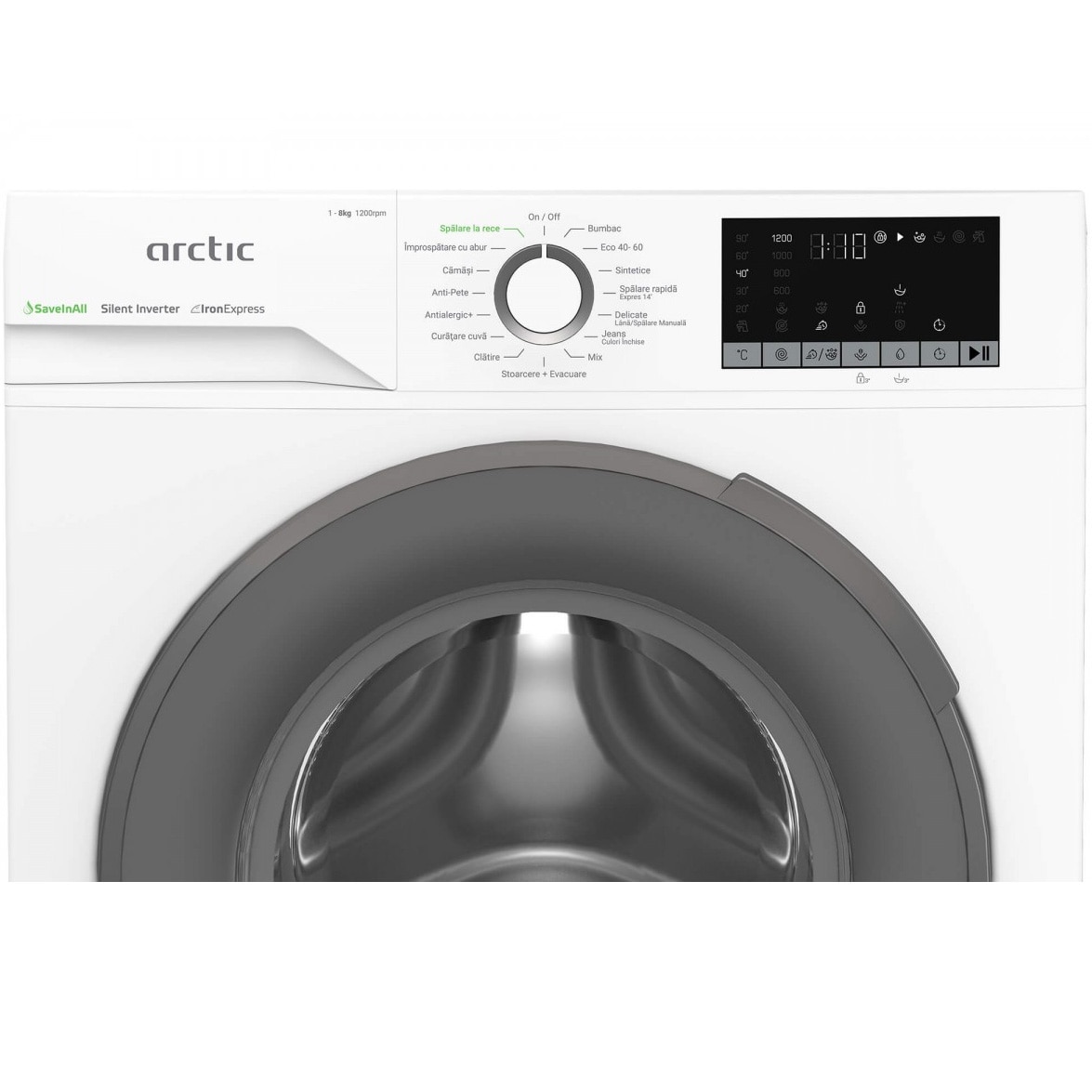 Masina de spalat rufe Arctic APLM2WFSU28211WG, 8 Kg, 1200 RPM, Motor Silent Inverter, Drum Clean+Steam, Child Lock, Anticrease, Digital Display, Add-In, Clasa A, Gray