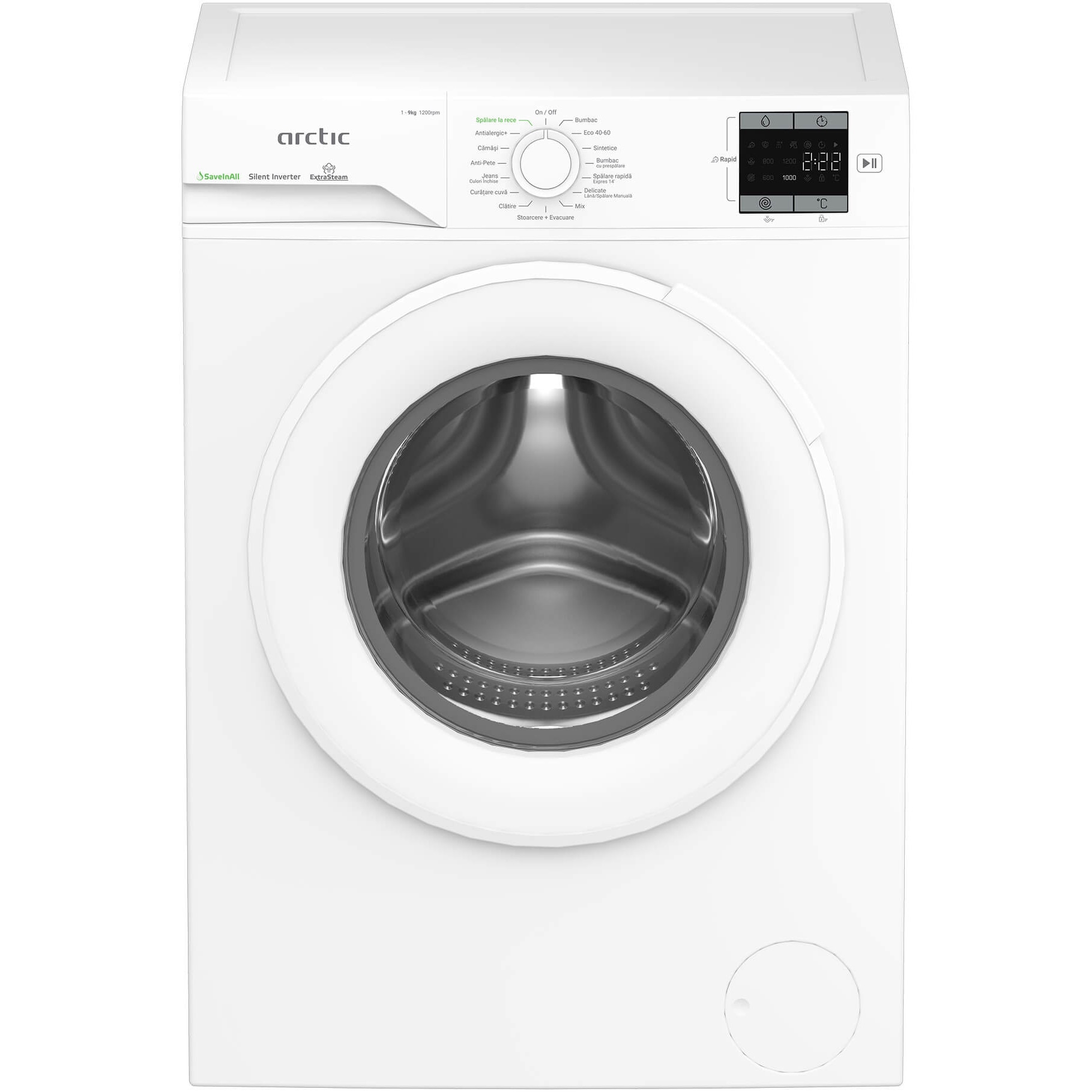 Masina de spalat rufe Arctic APLM1WFSU19210W, 9 Kg, 1200 RPM, Motor Silent Inverter, Drum Clean+Steam, Child Lock, Anticrease, Digital Display, Add-In, Clasa A, alb