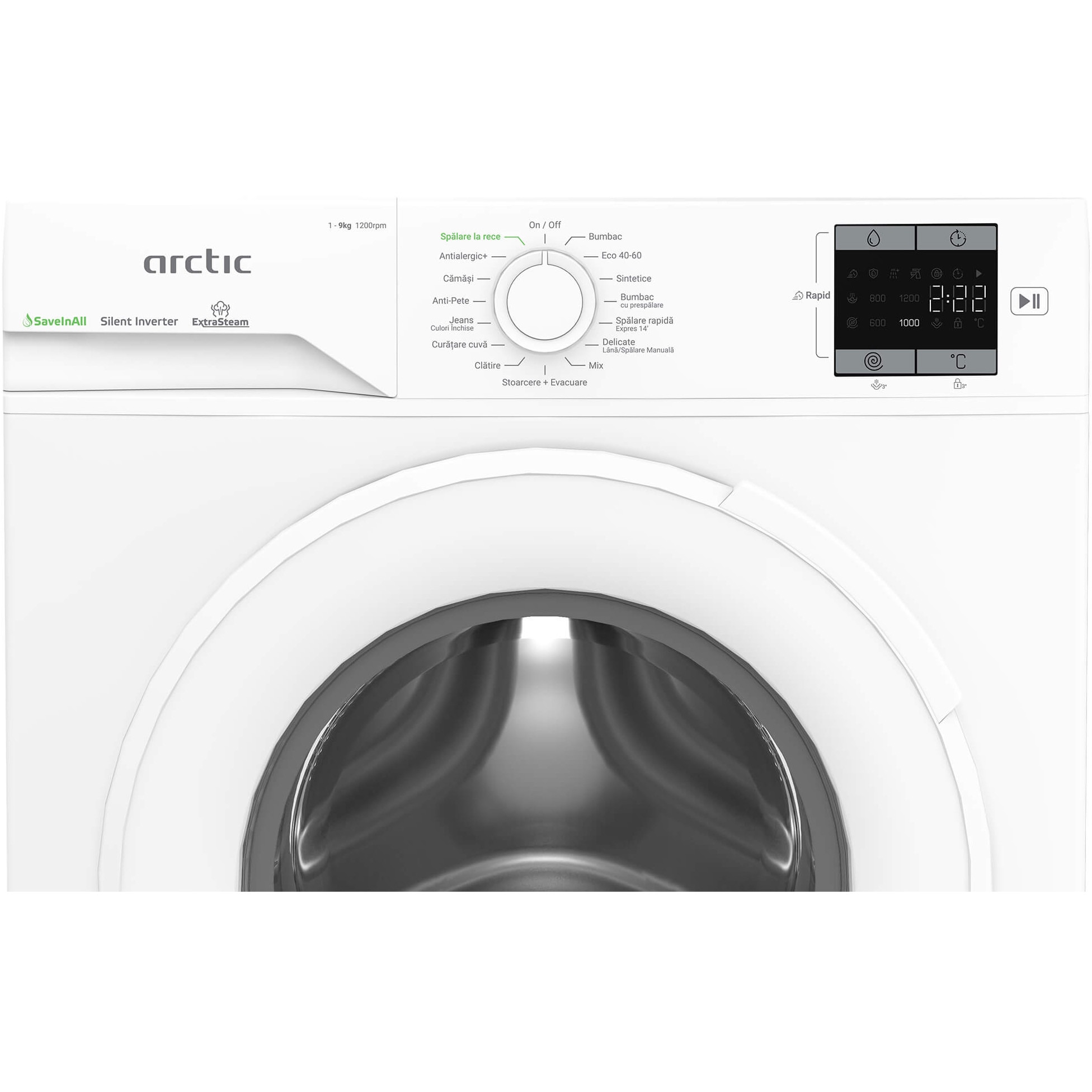 Masina de spalat rufe Arctic APLM1WFSU19210W, 9 Kg, 1200 RPM, Motor Silent Inverter, Drum Clean+Steam, Child Lock, Anticrease, Digital Display, Add-In, Clasa A, alb