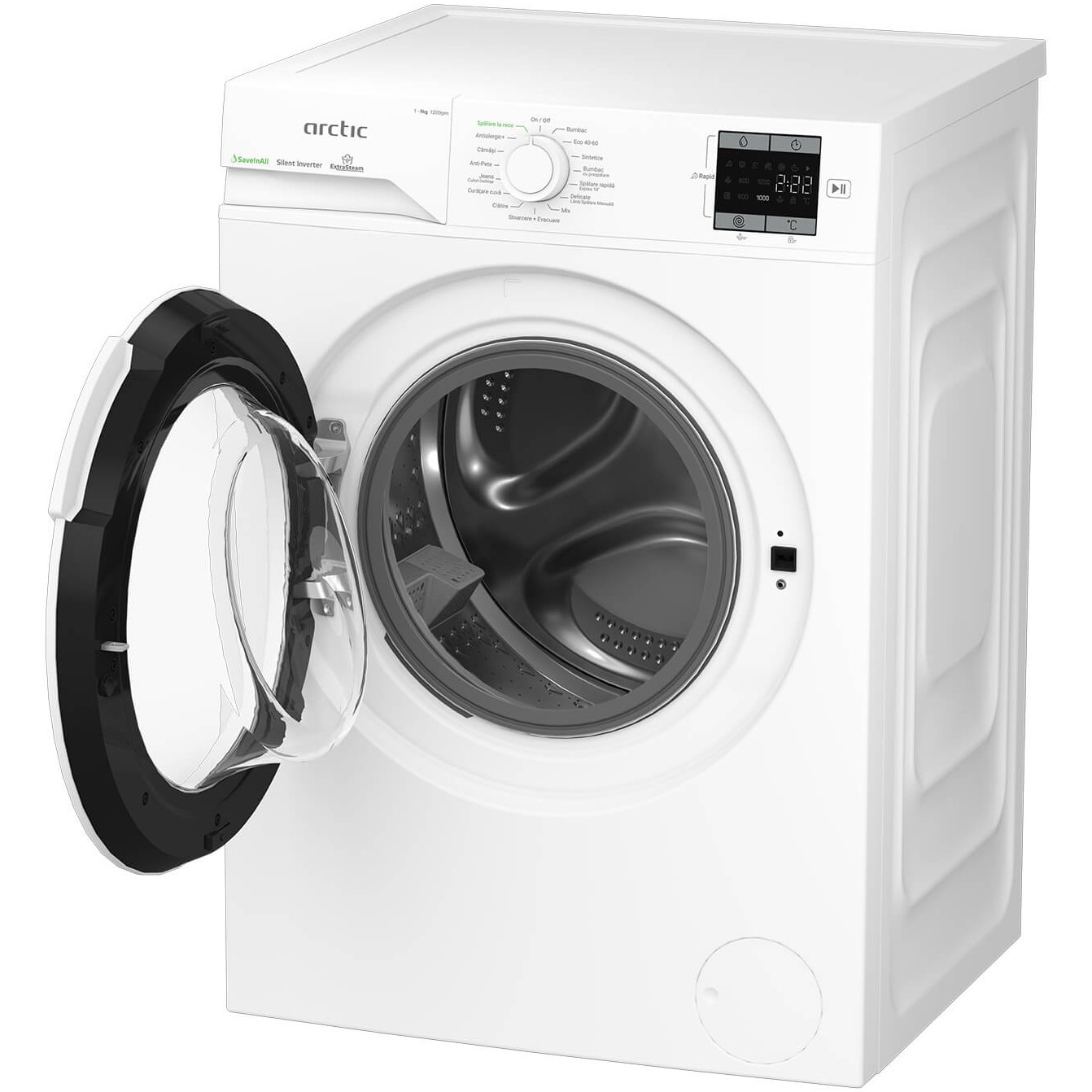 Masina de spalat rufe Arctic APLM1WFSU19210W, 9 Kg, 1200 RPM, Motor Silent Inverter, Drum Clean+Steam, Child Lock, Anticrease, Digital Display, Add-In, Clasa A, alb