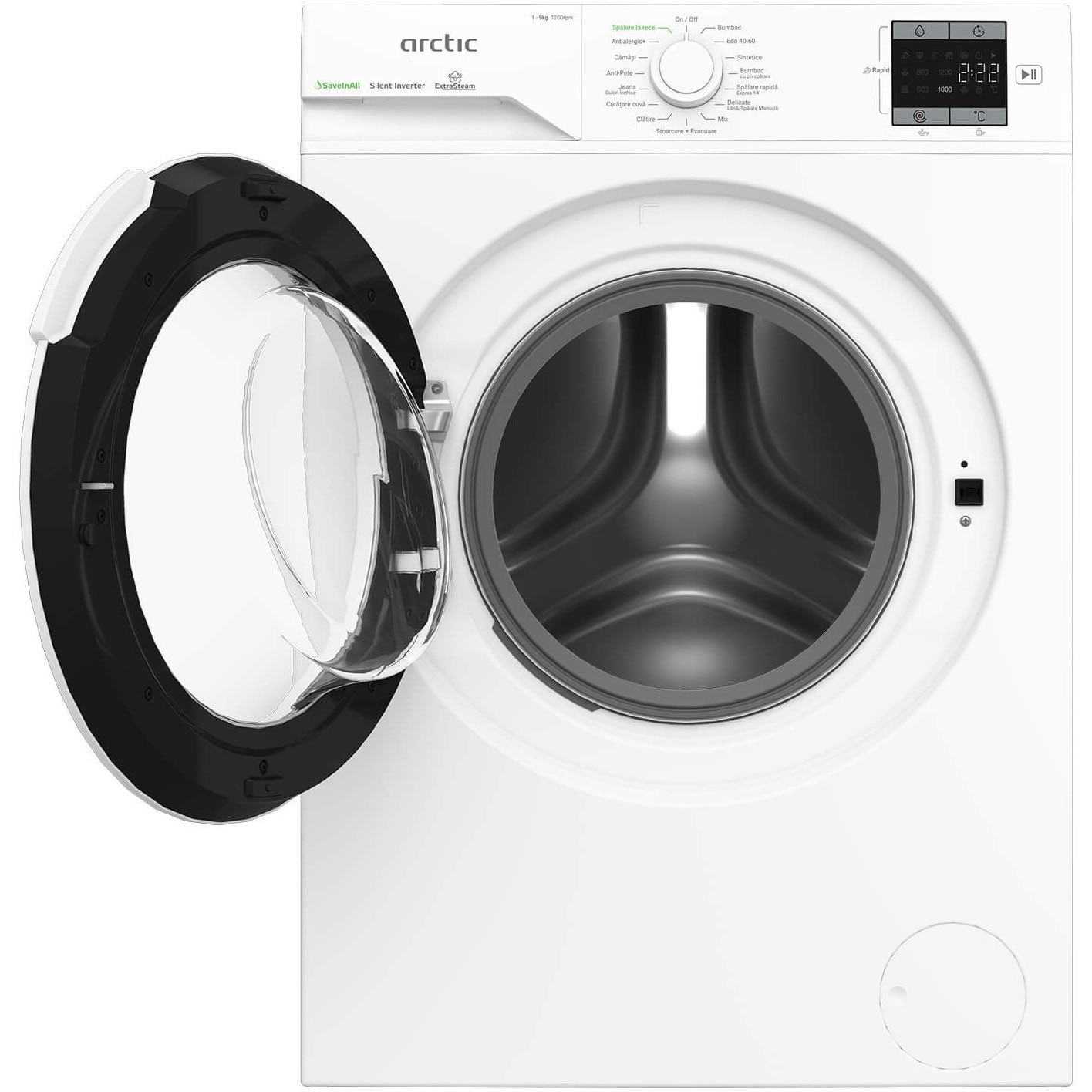 Masina de spalat rufe Arctic APLM1WFSU19210W, 9 Kg, 1200 RPM, Motor Silent Inverter, Drum Clean+Steam, Child Lock, Anticrease, Digital Display, Add-In, Clasa A, alb