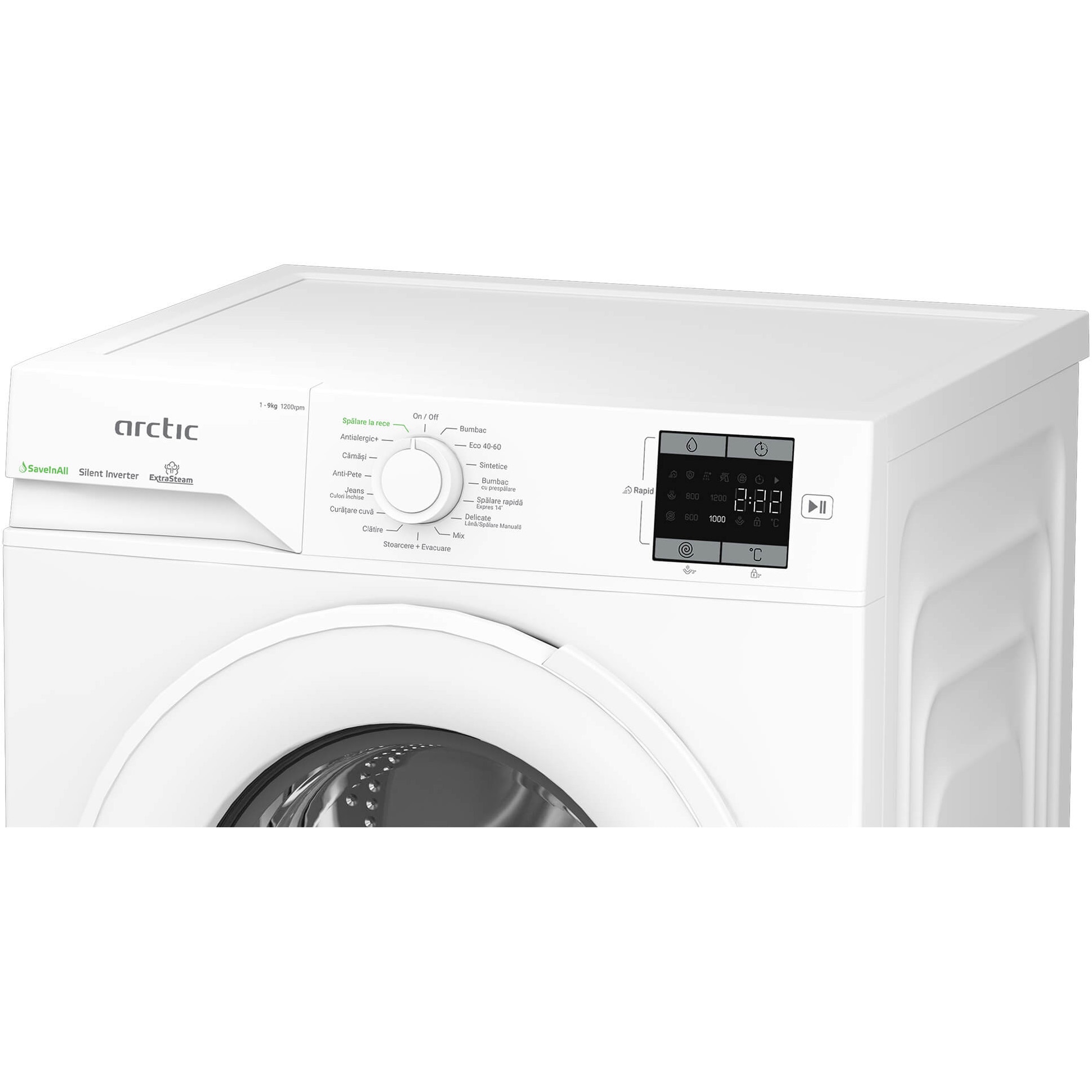 Masina de spalat rufe Arctic APLM1WFSU19210W, 9 Kg, 1200 RPM, Motor Silent Inverter, Drum Clean+Steam, Child Lock, Anticrease, Digital Display, Add-In, Clasa A, alb