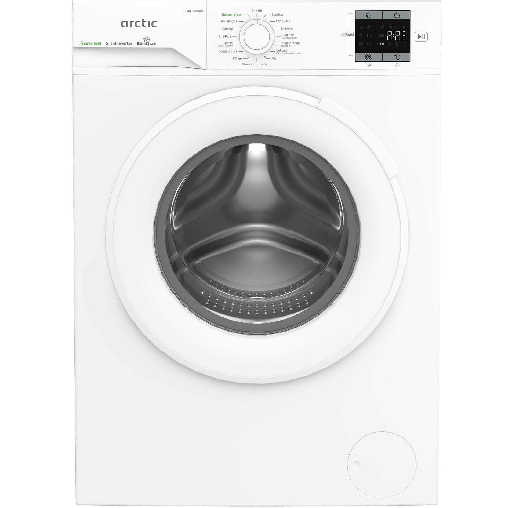 Masina de spalat rufe Arctic APLM1WFSU19210W, 9 Kg, 1200 RPM, Motor Silent Inverter, Drum Clean+Steam, Child Lock, Anticrease, Digital Display, Add-In, Clasa A, alb