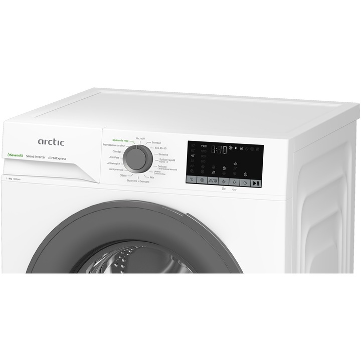 Masina de spalat rufe Arctic APLM2WFSU28411W, 8 Kg, 1400 RPM, Motor Silent Inverter, Drum Clean+Steam, Child Lock, Anticrease, Digital Display, Add-In, Clasa A, Alb