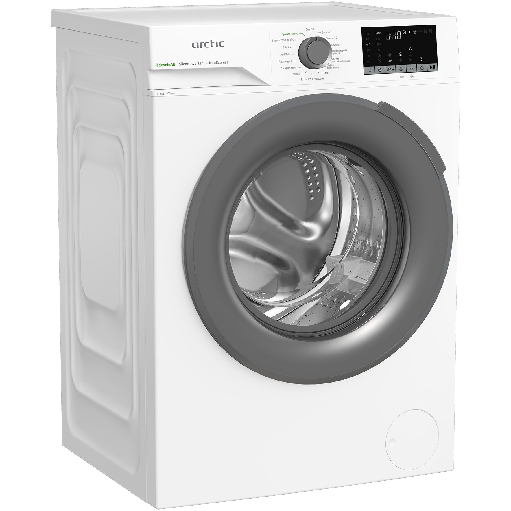 Masina de spalat rufe Arctic APLM2WFSU28411W, 8 Kg, 1400 RPM, Motor Silent Inverter, Drum Clean+Steam, Child Lock, Anticrease, Digital Display, Add-In, Clasa A, Alb