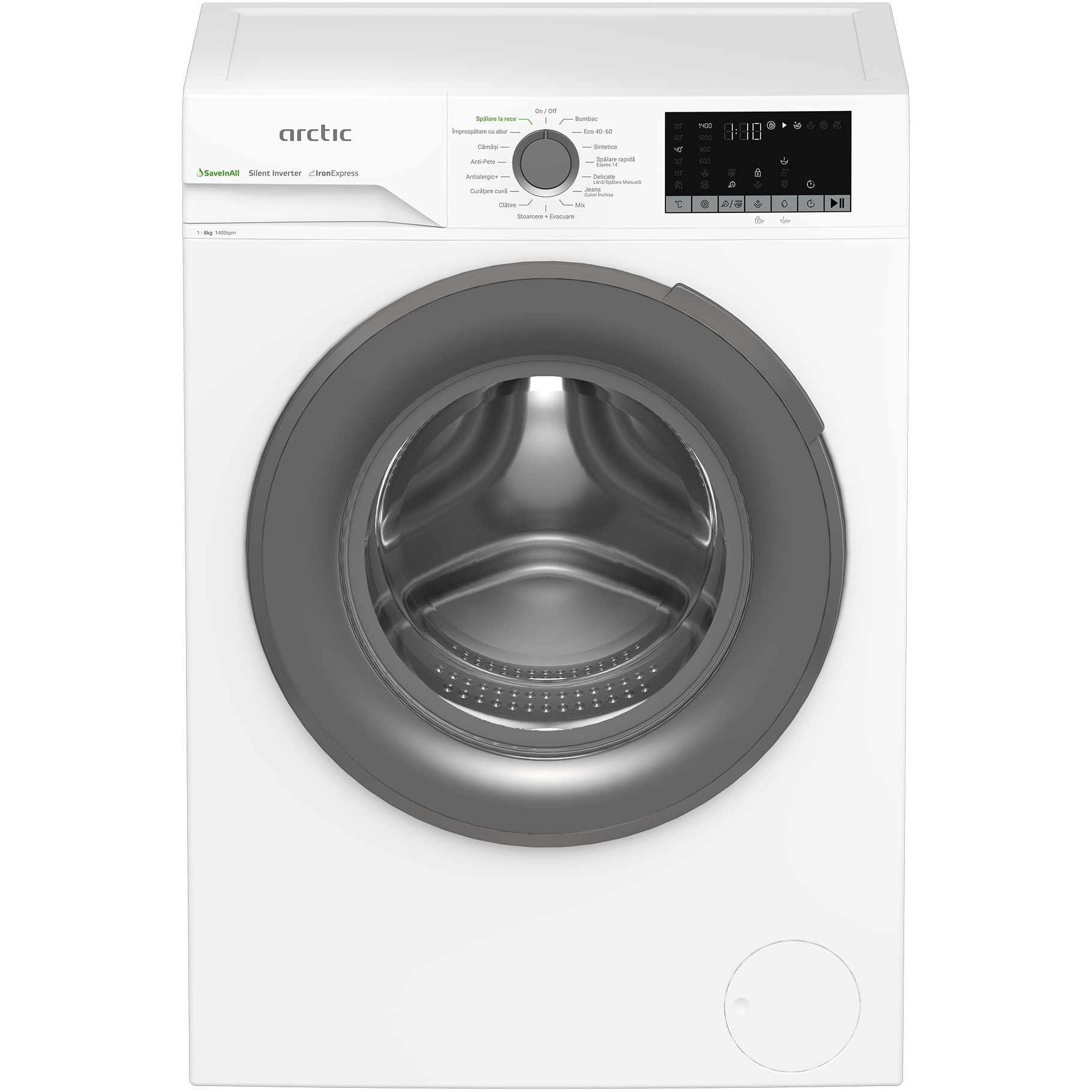 Masina de spalat rufe Arctic APLM2WFSU28411W, 8 Kg, 1400 RPM, Motor Silent Inverter, Drum Clean+Steam, Child Lock, Anticrease, Digital Display, Add-In, Clasa A, Alb