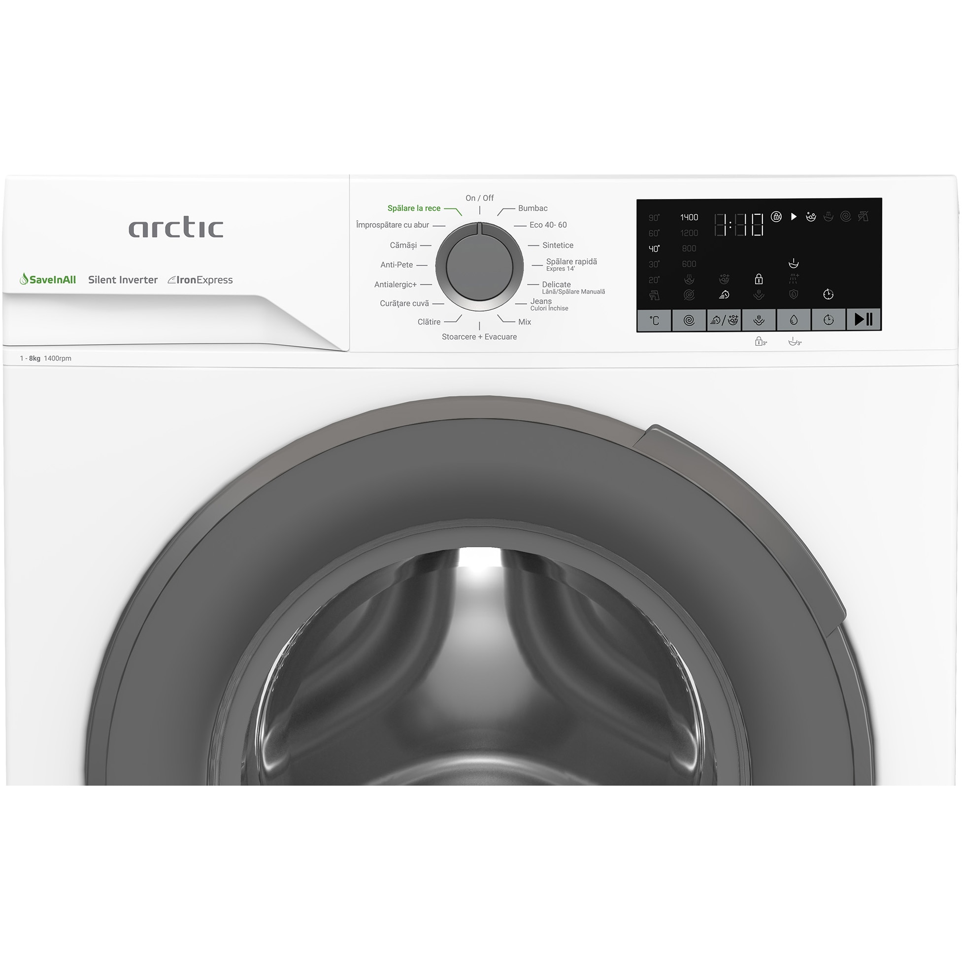 Masina de spalat rufe Arctic APLM2WFSU28411W, 8 Kg, 1400 RPM, Motor Silent Inverter, Drum Clean+Steam, Child Lock, Anticrease, Digital Display, Add-In, Clasa A, Alb