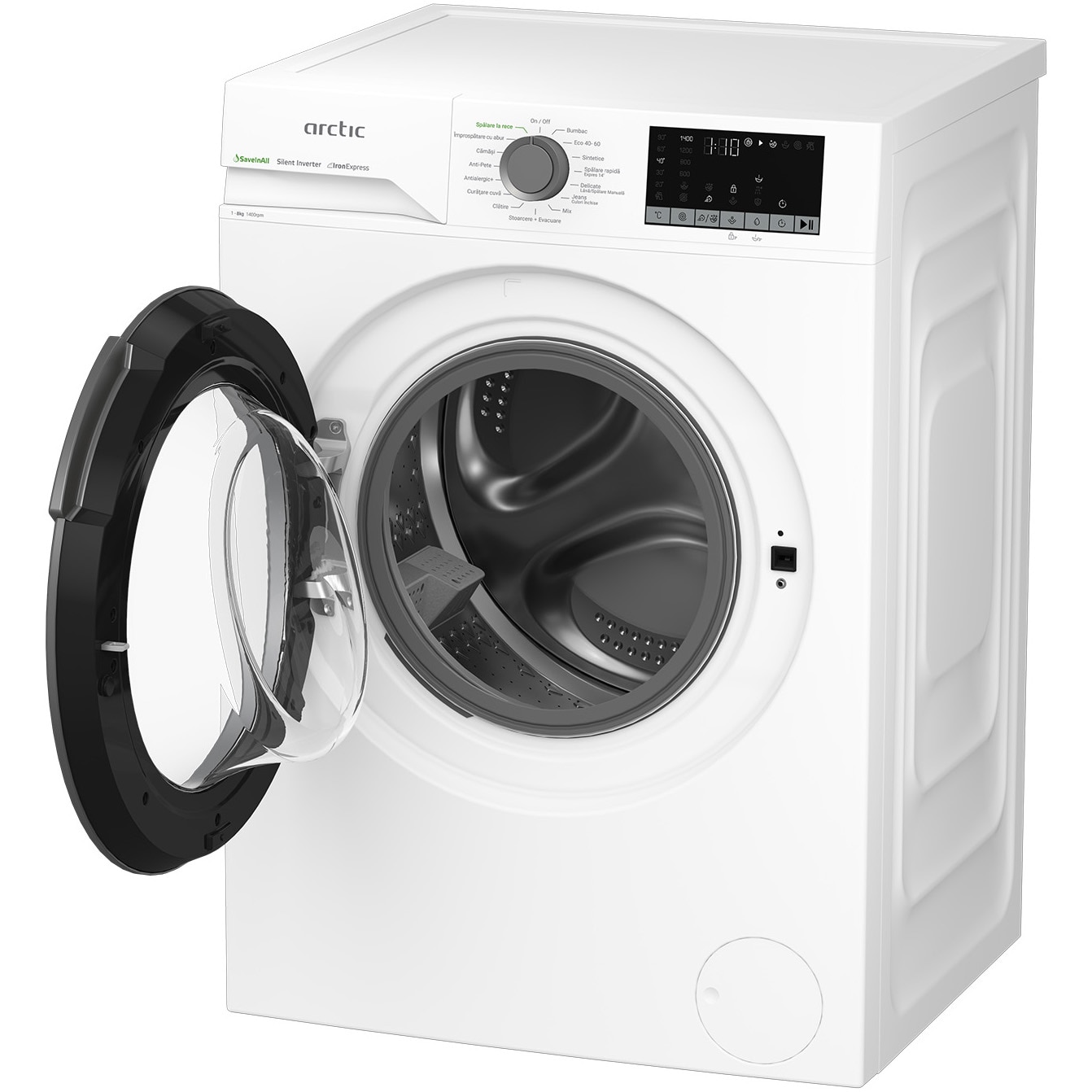 Masina de spalat rufe Arctic APLM2WFSU28411W, 8 Kg, 1400 RPM, Motor Silent Inverter, Drum Clean+Steam, Child Lock, Anticrease, Digital Display, Add-In, Clasa A, Alb