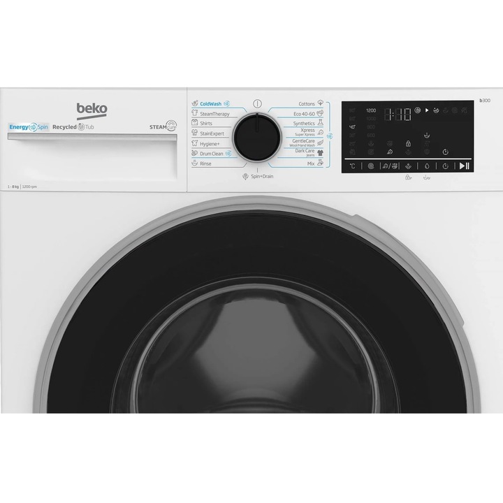 Masina de spalat rufe Beko B3WFU48215WWES, 8 kg, 1200 RPM, Clasa A, HomeWhiz prin Bluetooth Remote Control, SteamCure, AddXtra, Motor ProSmart Inverter, AutoClean Detergent Drawer, Silent Tech, Alb