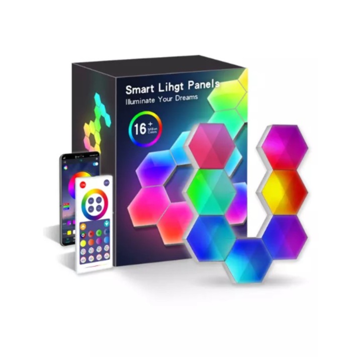 Lampa modulara de perete Smart Hexagon, Multicolor (RGB) - 6 buc., Wi-Fi, Bluetooth, sincronizare muzicala, compatibil IOS/Android cu telecomanda inclusa