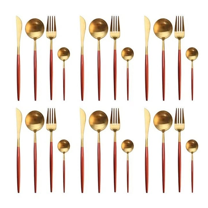 Set 24 de tacamuri, format din lingura, furculita, cutit, lingurita, din otel inoxidabil, compatibile cu masina de spalat vase, rosu/auriu