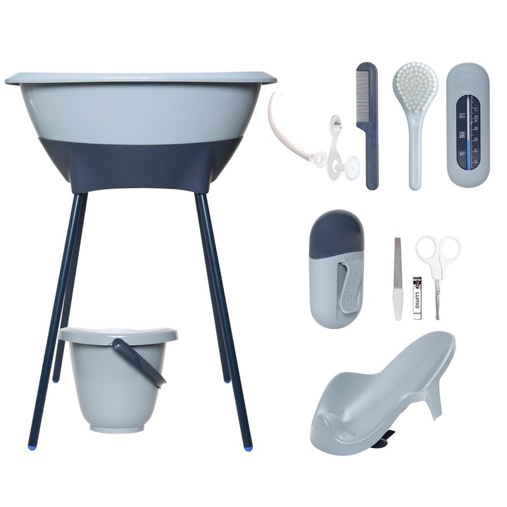 Комплект за баня от 8 части Luma, син, вана 75x39x25см, стойка 78x32x16см