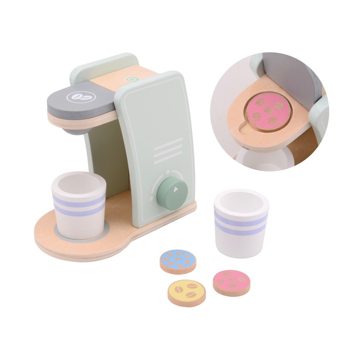 Espressor de cafea din lemn pentru copii, Joueco, 3 capsule incluse, pastel, 17.3x10.1x17.2cm