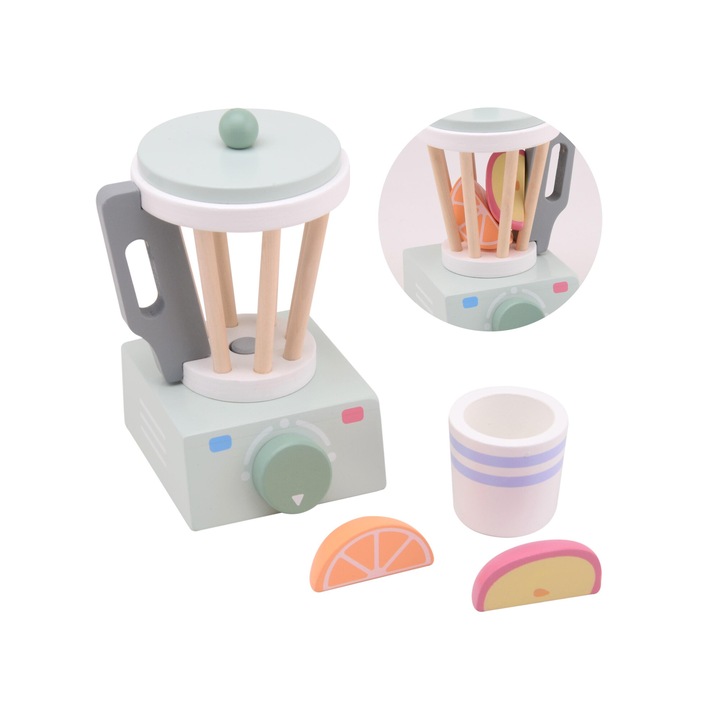 Blender din lemn cu fructe Joueco, 10.4x11.2x17.5cm, cu portocala si mar, pentru copii 24 luni+