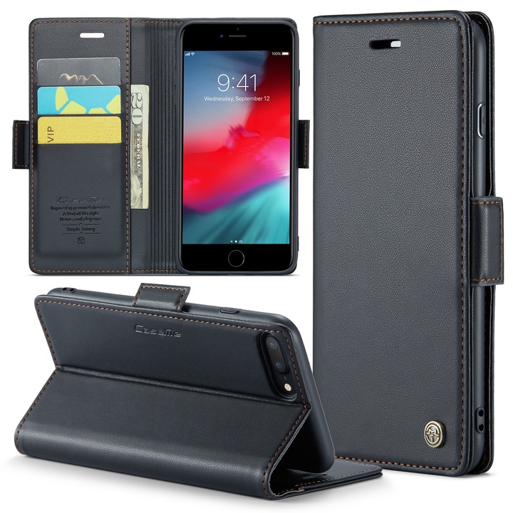 Husa pentru iPhone 8 Plus, iPhone 7 Plus CaseMe, slim, piele, tip portofel, stand, inchidere sigura magnetica, textura moale si aderenta in mana, protectie RFID, Negru