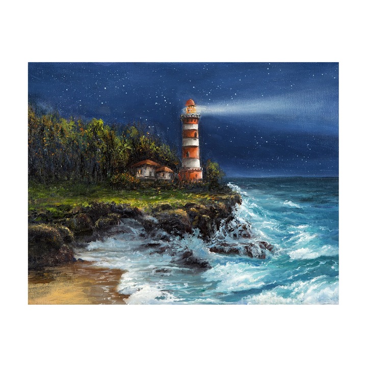 Tablou canvas Far la mare noaptea 9850, panza 360g pe sasiu lemn 40cm x 50cm, Living, Dormitor