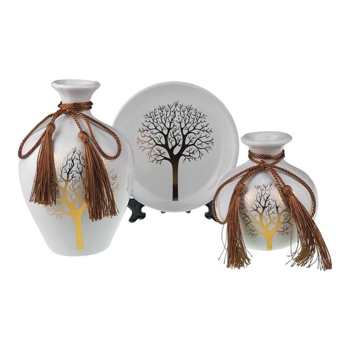 Set din ceramica format din doua vaze si o farfurie decorativa, model copac 26x17 cm M1