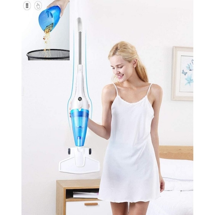 Aspirator fara fir, portabil, 2 in 1, indicator recipient colector plin, pentru podele si de mana, putere 600W, alb/albastru