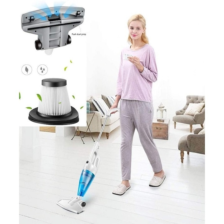 Aspirator fara fir, portabil, 2 in 1, indicator recipient colector plin, pentru podele si de mana, putere 600W, alb/albastru