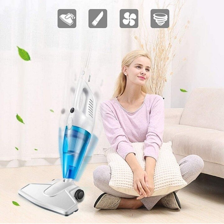 Aspirator fara fir, portabil, 2 in 1, indicator recipient colector plin, pentru podele si de mana, putere 600W, alb/albastru