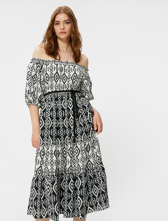 KOTON, Rochie cu decolteu pe umeri si imprimeu geometric, Negru, XS