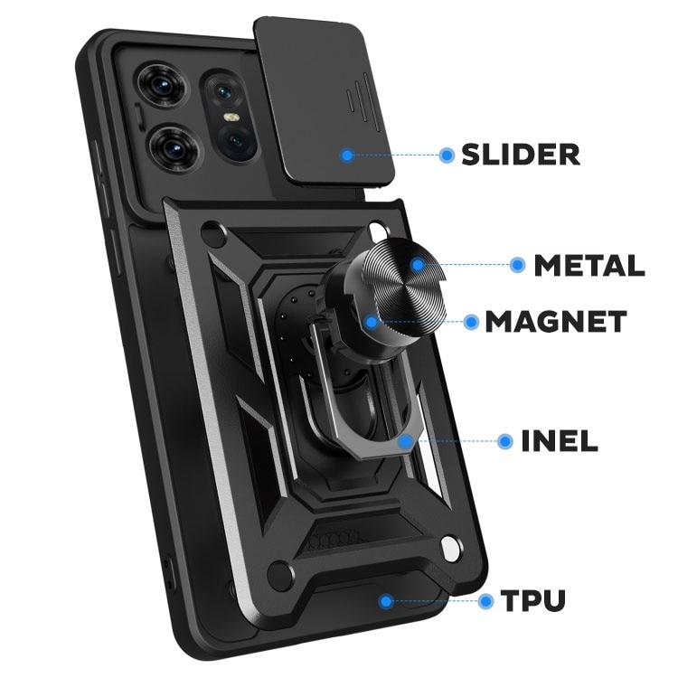 Husa pentru Motorola Edge 50 Pro Premium Hybrid Armor Kickstand, Slider Camera, Antisoc, Protectie Superioara, Negru