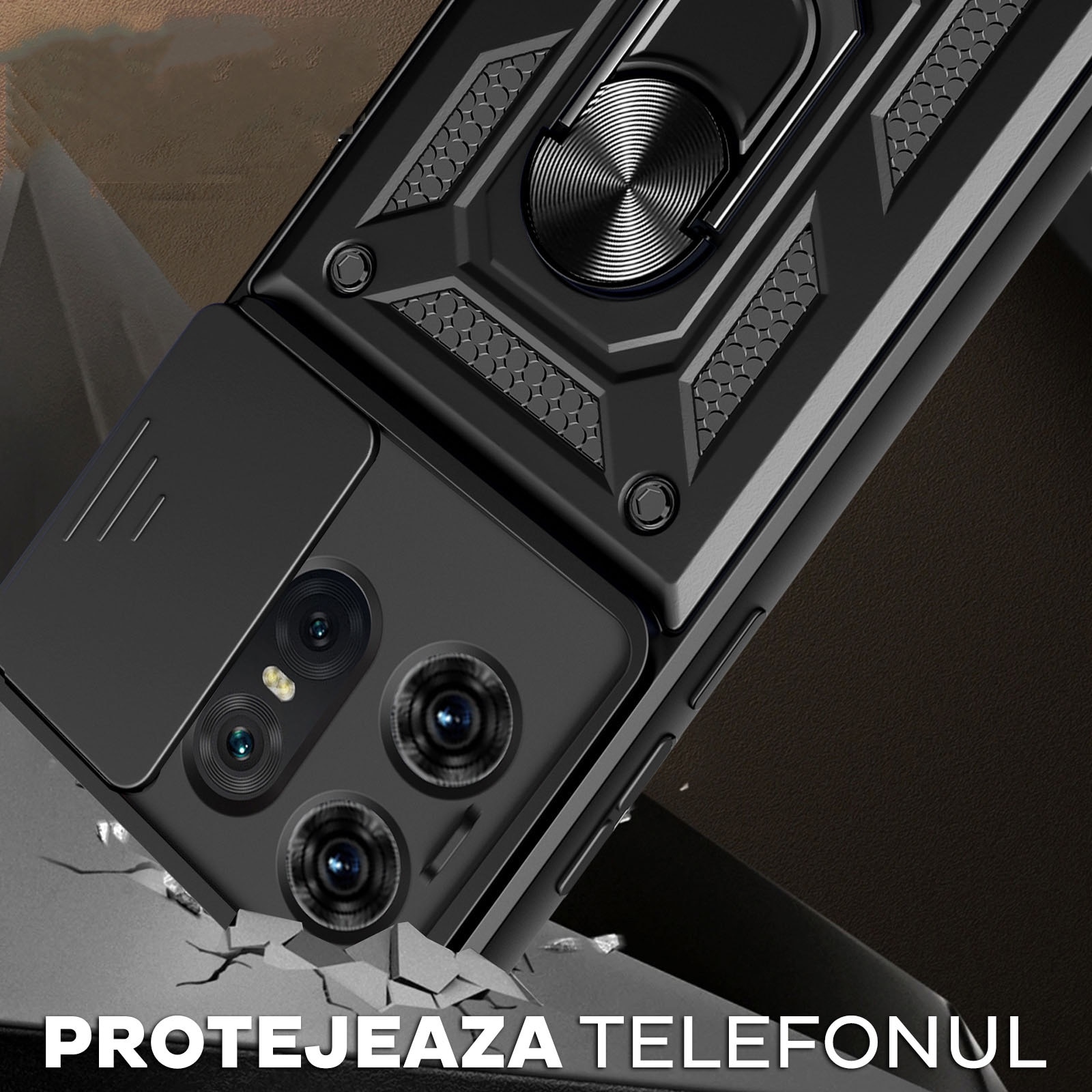 Husa pentru Motorola Edge 50 Pro Premium Hybrid Armor Kickstand, Slider Camera, Antisoc, Protectie Superioara, Negru