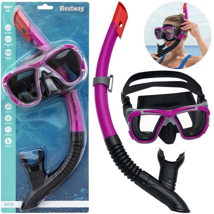Set masca si tub de snorkeling JOKOMISIADA, reglabil, lentile din sticla securizata, multicolor, pentru adulti si copii de la 14 ani
