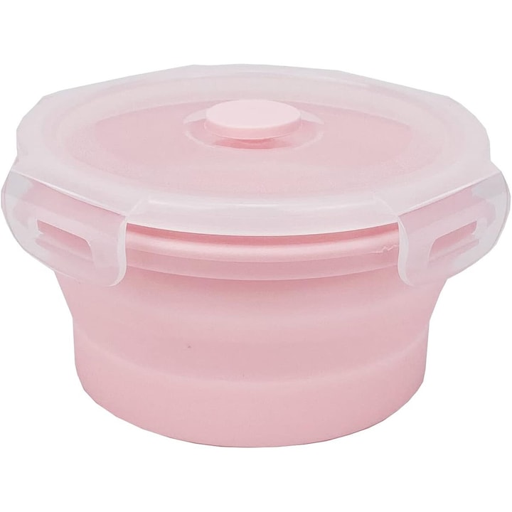 Set de 2 cutii alimentare pliabile din silicon, 350ml + 500ml, roz, rezistente la apa si etanse
