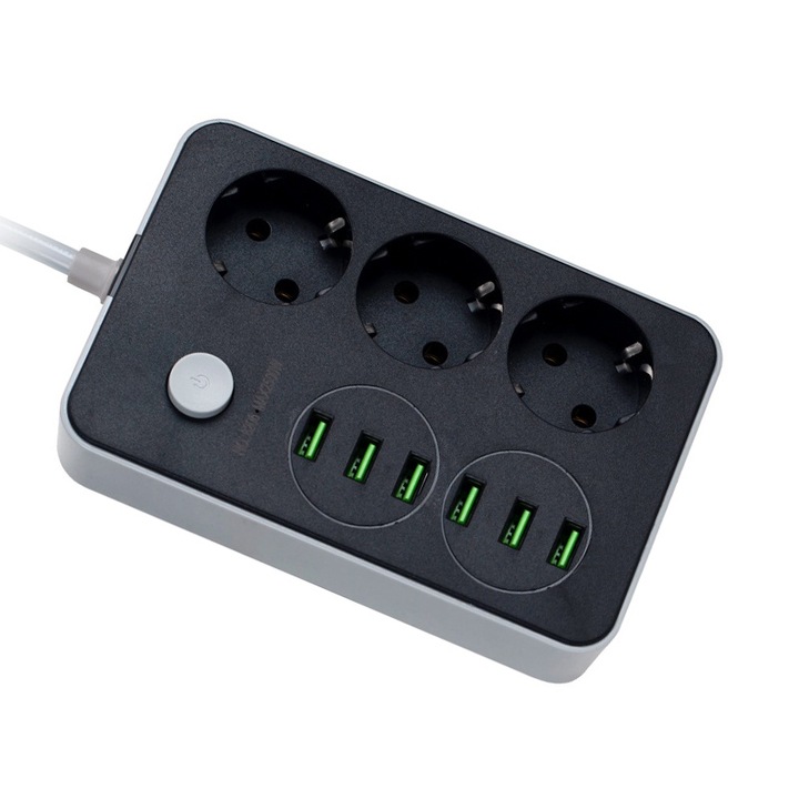 Адаптер за контакт, KINSI, 3 гнезда, 6 USB, 2 M кабел, Бързо зареждане, Множество защити, 250 V, 2500 W, Черен
