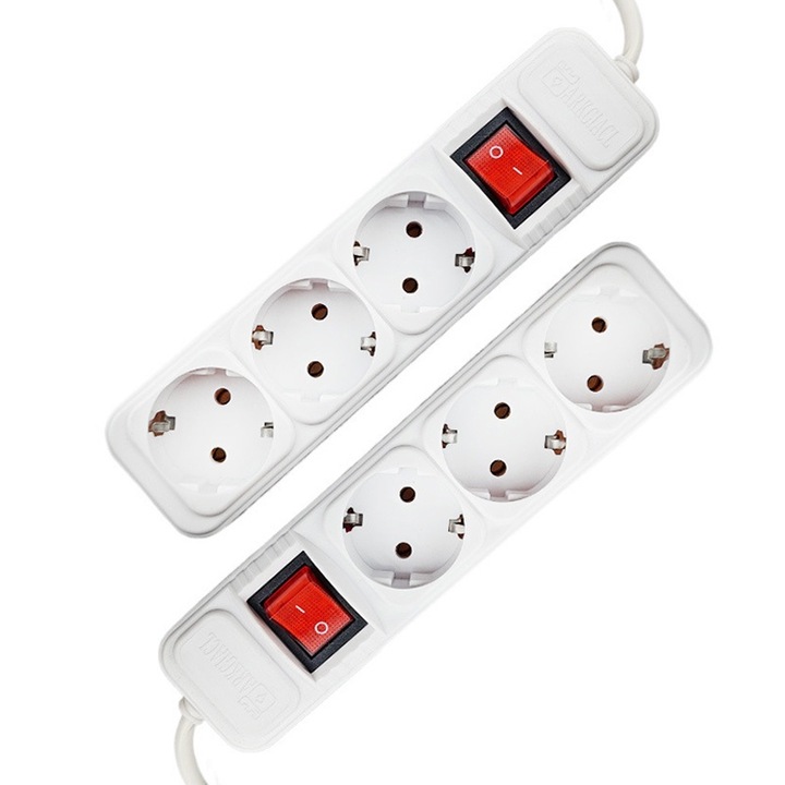 Пакет от 2 удължителя, KINSI, 3 контакта, със защита за деца, ключ, 3 м кабел, бял