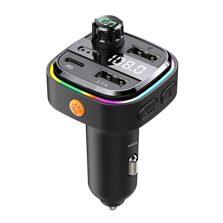 FM трансмитер, Bluetooth 5.0, NAXSIR, функция за зарядно за кола, бързо зареждане PD25W, цифров дисплей, 7 околни цвята, черен
