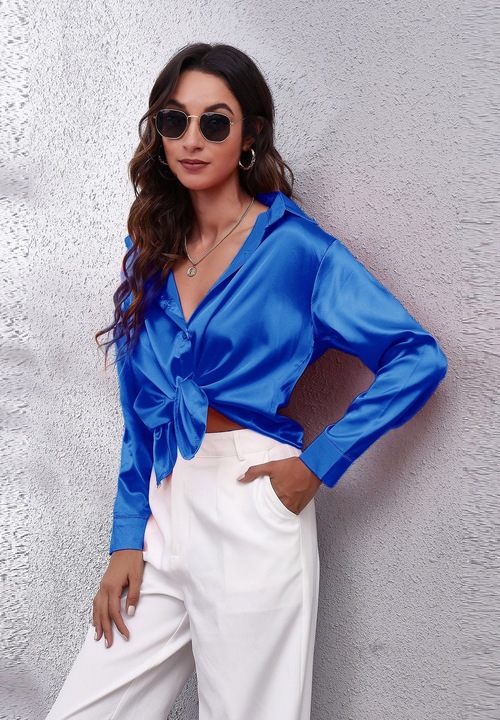 Női ing, Jormftte, szatén stílusú, V-nyakú, kék, kényelmes anyag