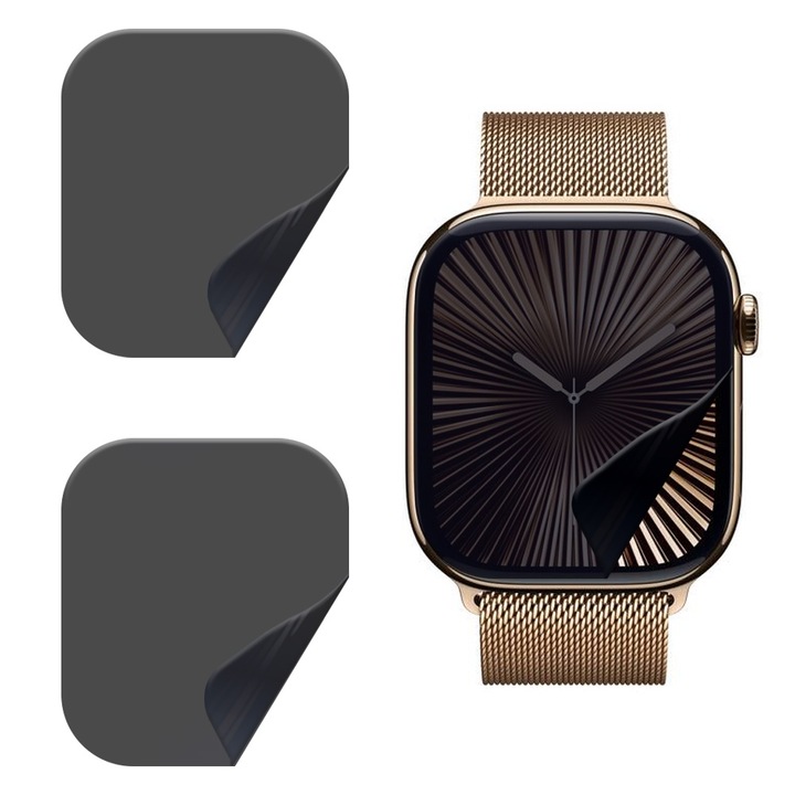 Set 3 x Folie de Protectie Privacy pentru Apple Watch Seria 10 42mm, Silicon Hydrogel Regenerabil, Flexible Hydro-Crystal, Instalare Usoara, Optim Full Protection, Negru