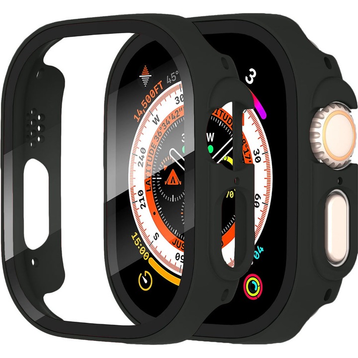 Husa cu Folie compatibila cu Apple Watch Ultra - 49MM, CASEY STUDIOS™, Protectie 360°, Policarbonat Dur, Sticla 9H, Negru