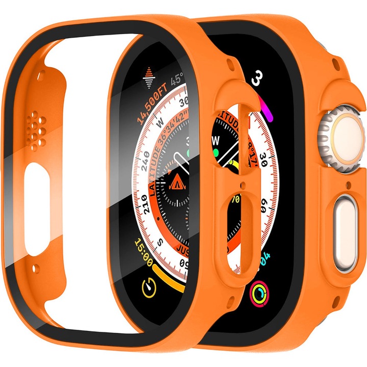 Husa cu Folie CASEY STUDIOS™ compatibila cu Apple Watch Ultra - 49MM, Protectie 360°, Policarbonat Dur, Ultra-Subtire, Anti-Soc Full Screen, Sticla 9H, Portocaliu