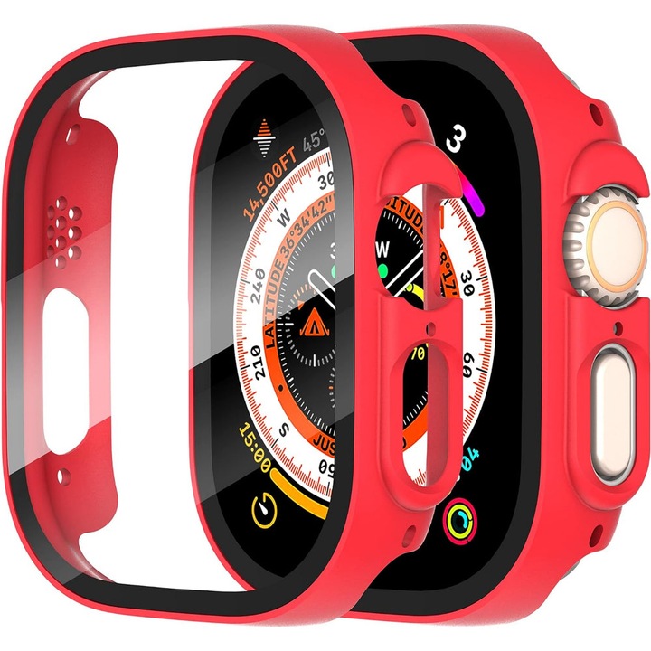 Husa cu Folie CASEY STUDIOS™ compatibila cu Apple Watch Ultra - 49MM, Protectie 360°, Policarbonat Dur, Ultra-Subtire, Anti-Soc Full Screen, Sticla 9H, Rosu