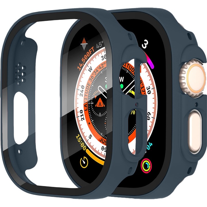 CASEY STUDIOS™ fóliás tok Apple Watch Ultra okosórához - 49 mm, 360°-os védelem, kemény polikarbonát, ultravékony, ütésálló teljes képernyős, 9H üveg, éjkék