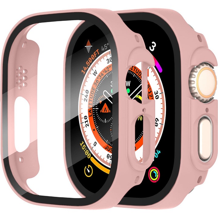 Husa cu Folie CASEY STUDIOS™ compatibila cu Apple Watch Ultra - 49MM, Protectie 360°, Policarbonat Dur, Ultra-Subtire, Anti-Soc Full Screen, Sticla 9H, Roz